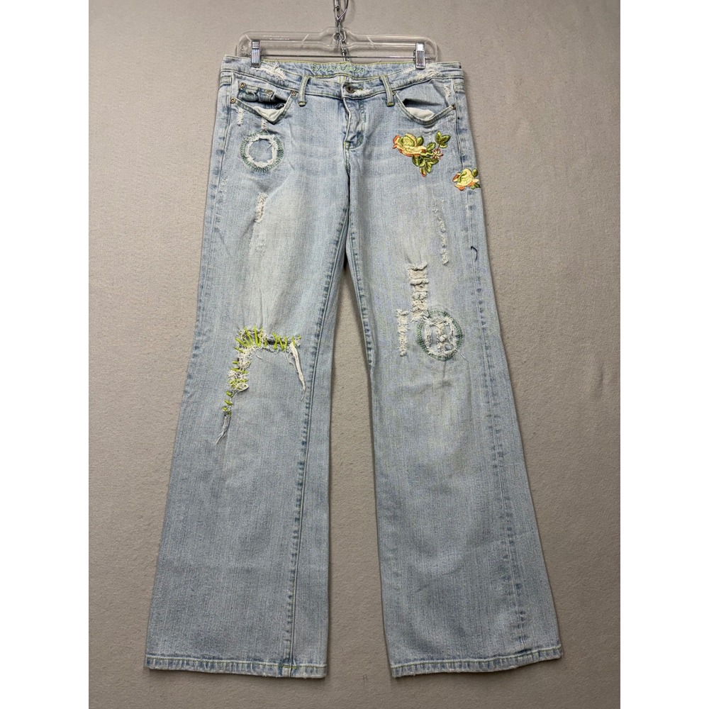 Picasso Jeans Women 13 Light Wash Denim Distressed Embroidered Flare Leg Y2K